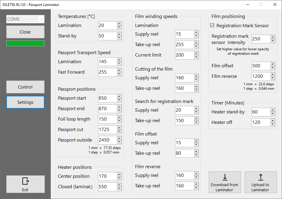 Reisepass Lamintor - Steuerungssoftware